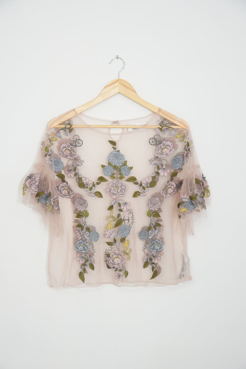 Disney Floral Embroidered Mesh Blouse Size Large