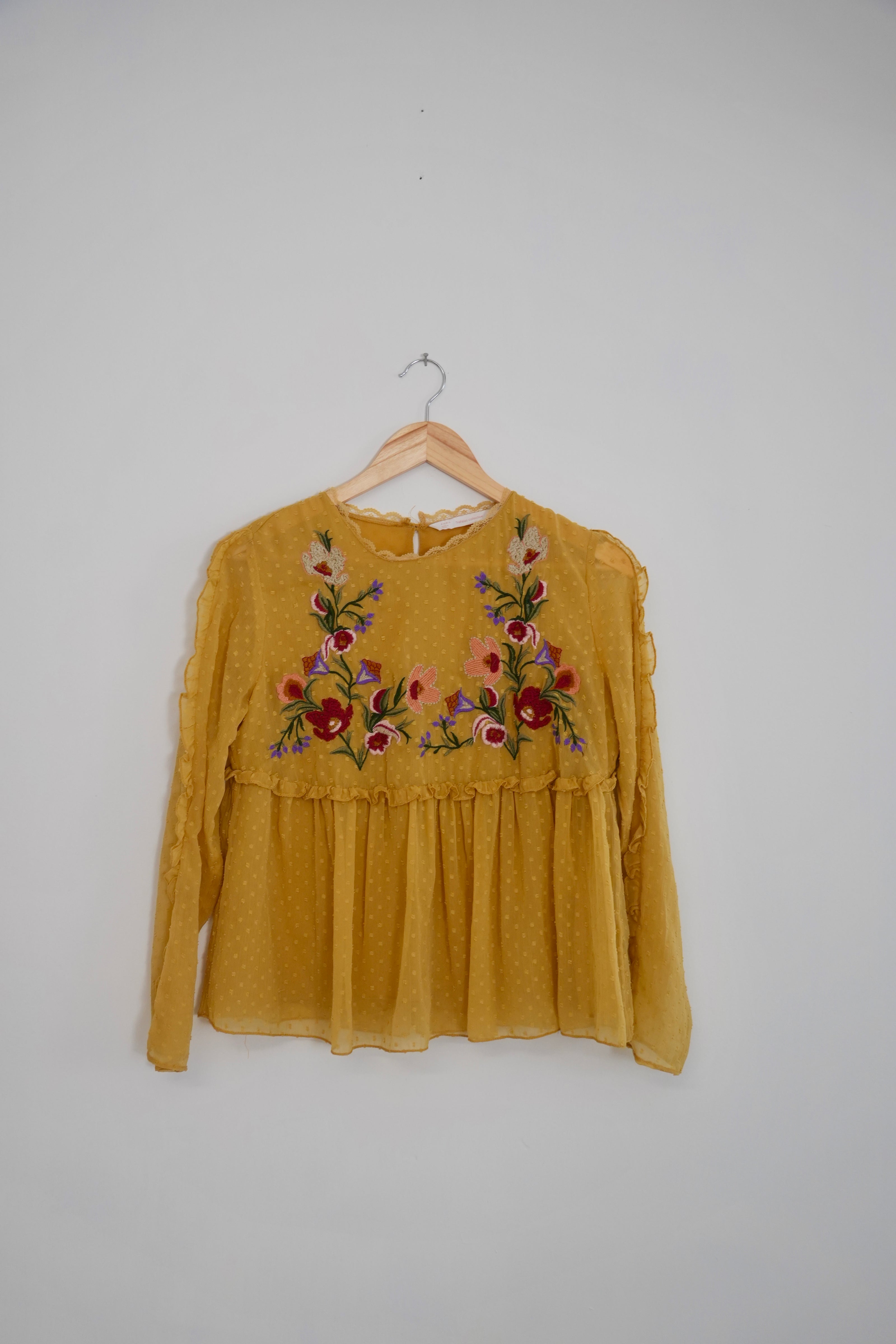 Zara Trafaluc Collection Mustard Yellow Embroidered Long Sleeve Blouse Size Medium