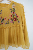 Zara Trafaluc Collection Mustard Yellow Embroidered Long Sleeve Blouse Size Medium