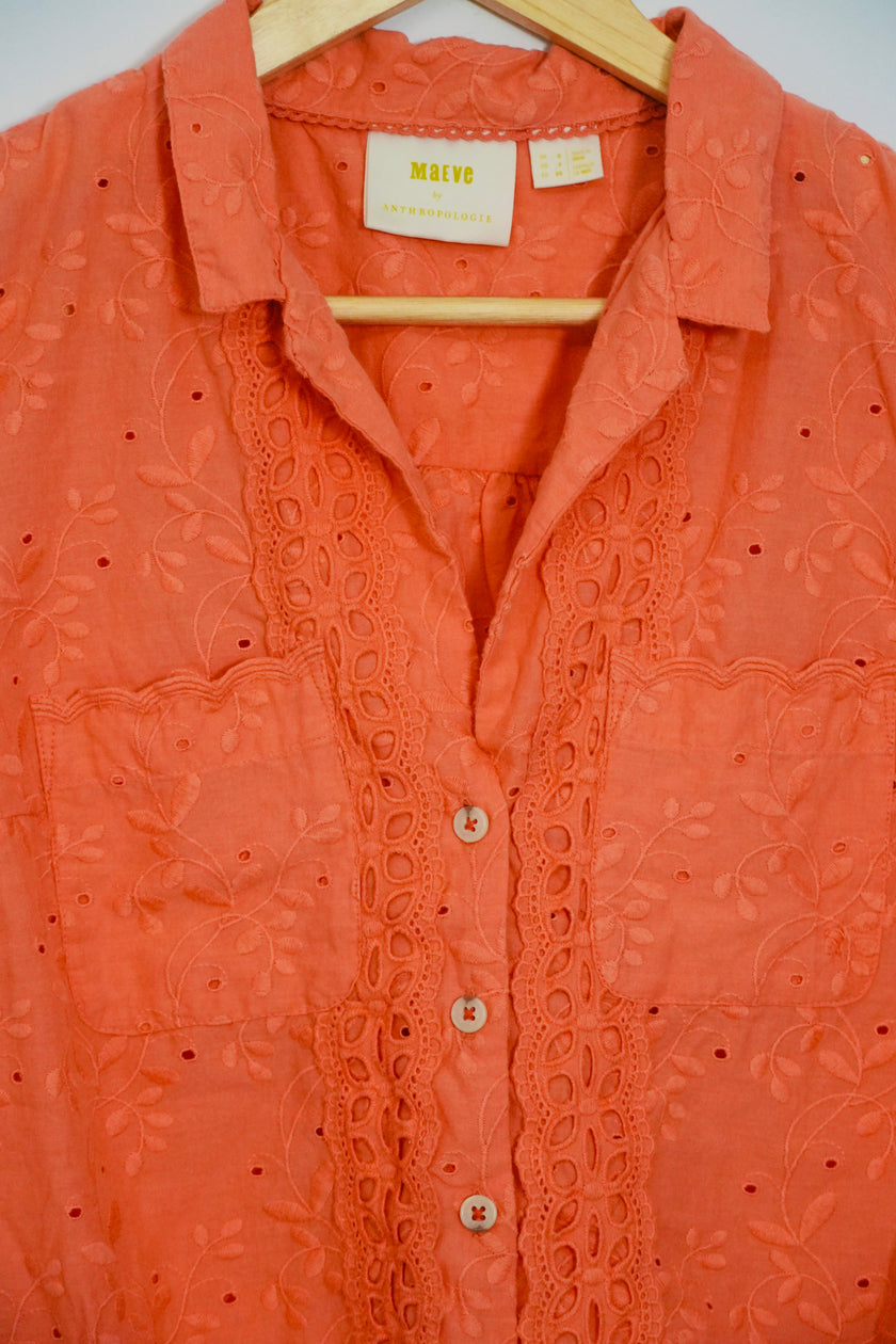 Maeve by Anthropologie Coral Embroidered Blouse Size 4