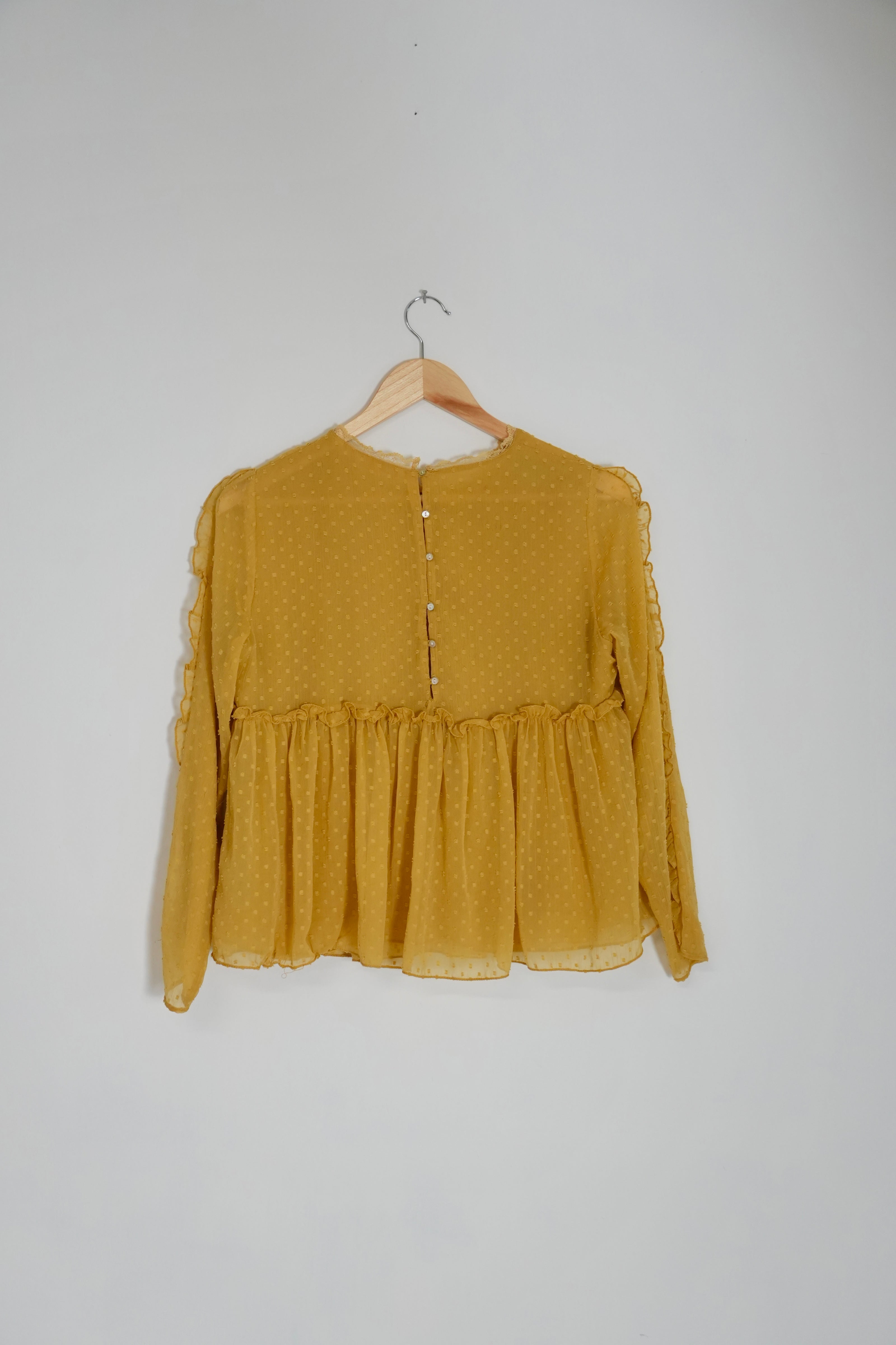 Zara Trafaluc Collection Mustard Yellow Embroidered Long Sleeve Blouse Size Medium