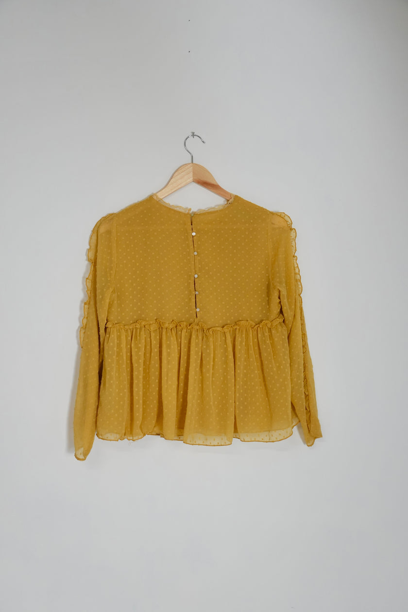 Zara Trafaluc Collection Mustard Yellow Embroidered Long Sleeve Blouse Size Medium