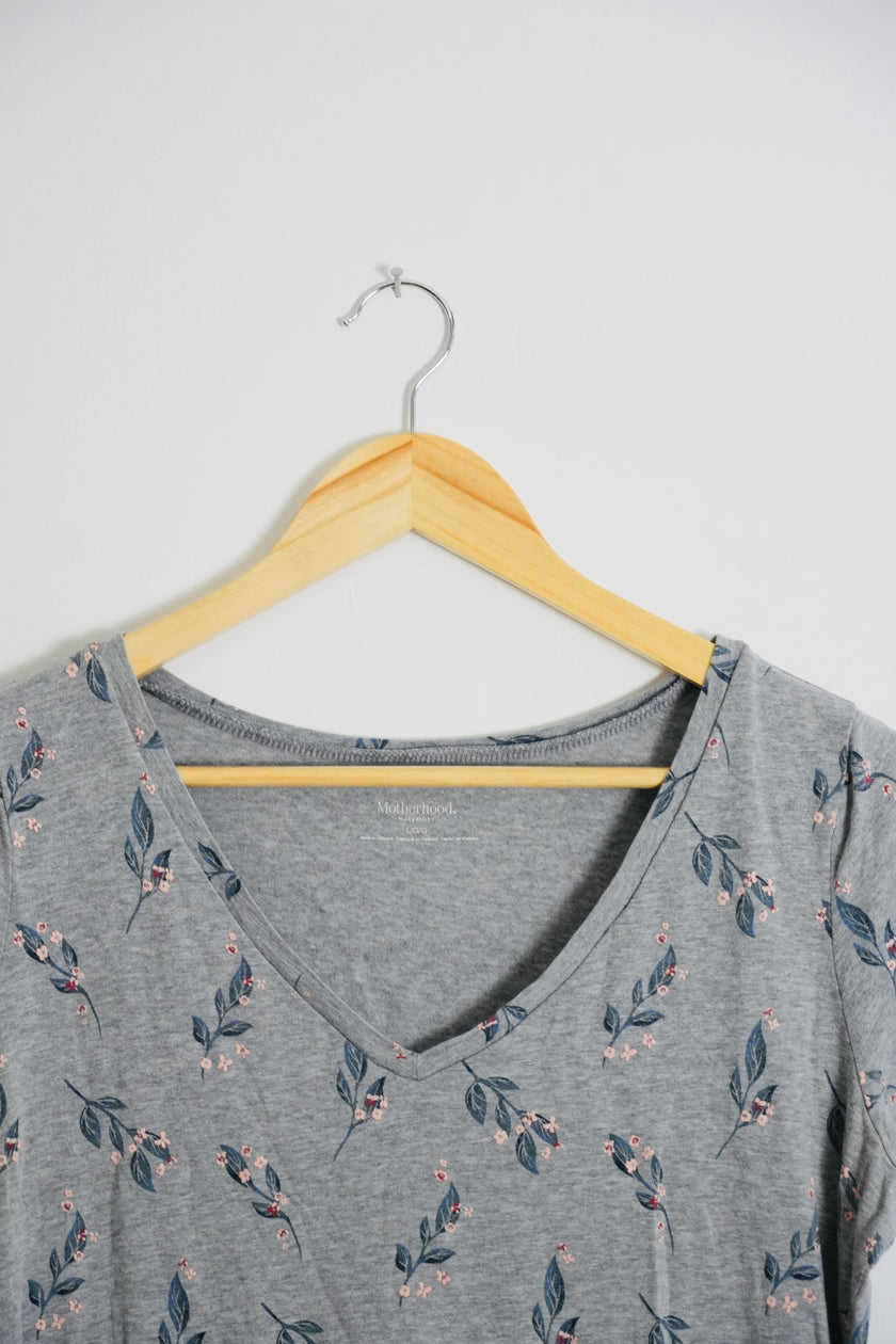 Motherhood Grey and Floral V-Neck T-Shirt Size Large