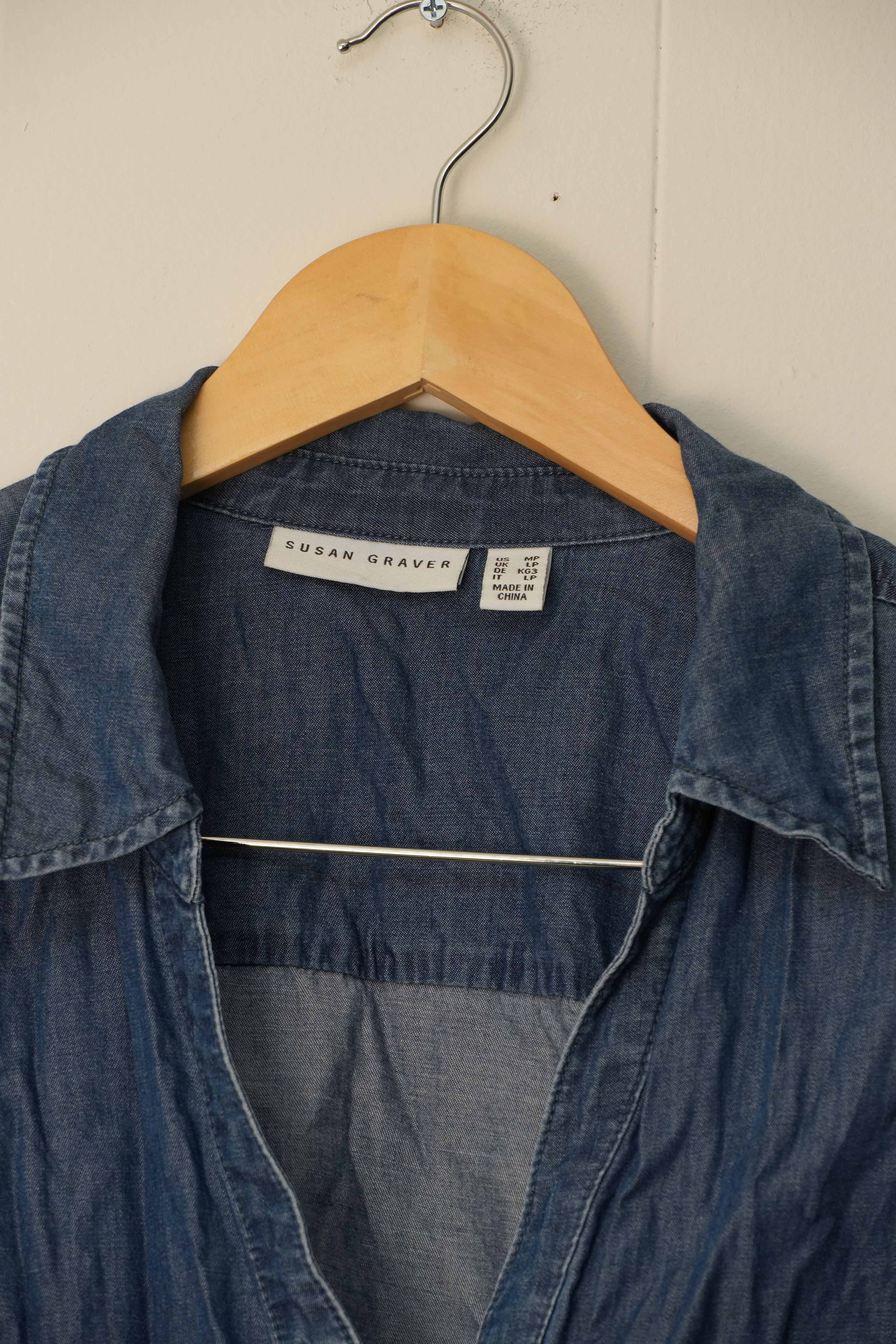 Susan Graver Button Front Shirt Womens Medium Petite Blue Ombre Dip Dye Roll Tab