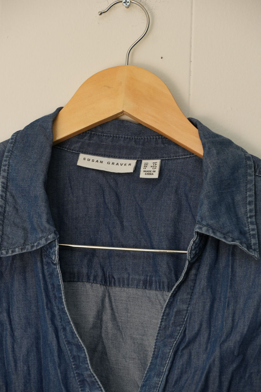Susan Graver Button Front Shirt Womens Medium Petite Blue Ombre Dip Dye Roll Tab