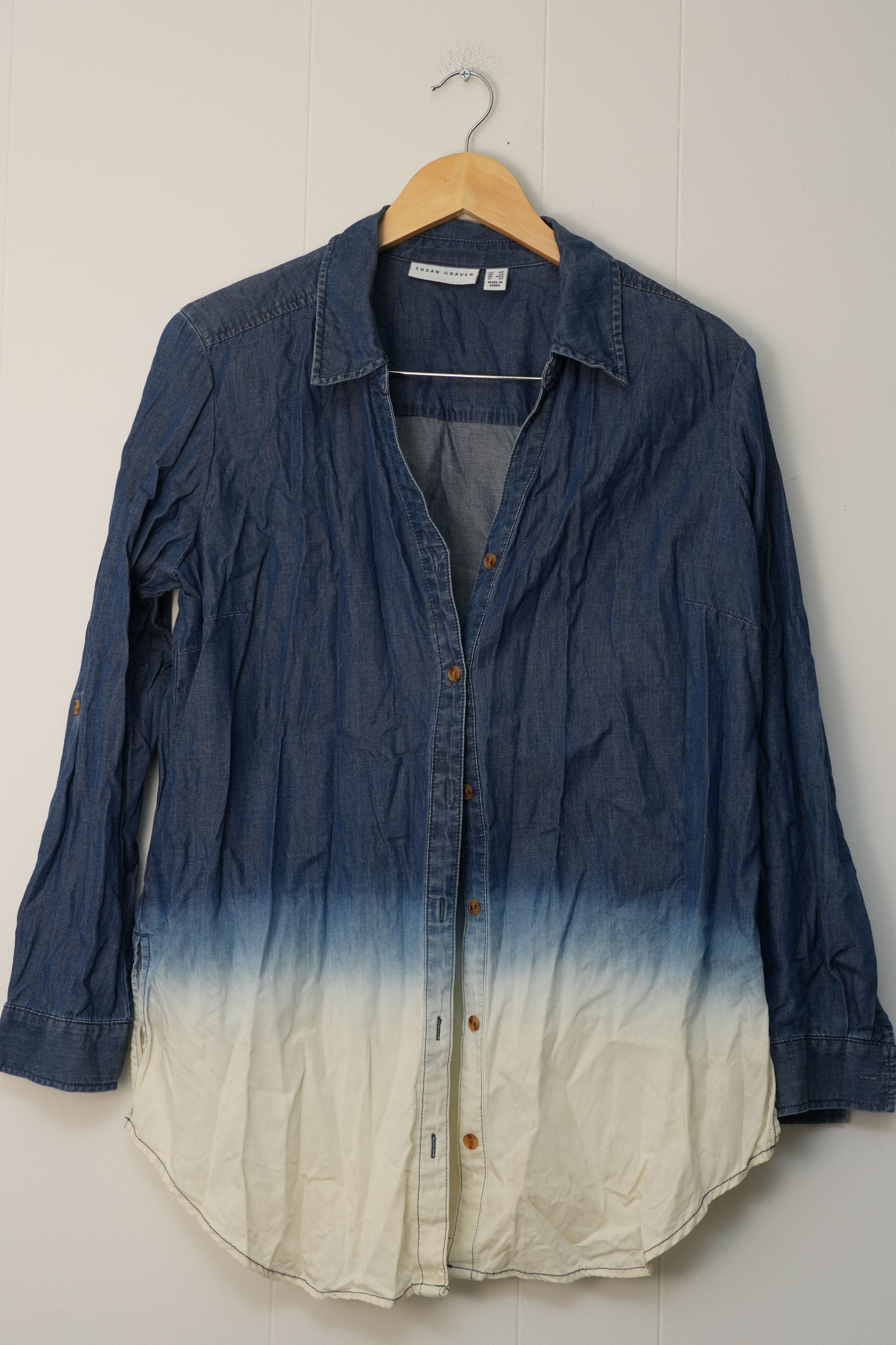 Susan Graver Button Front Shirt Womens Medium Petite Blue Ombre Dip Dye Roll Tab