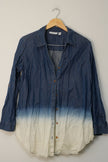Susan Graver Button Front Shirt Womens Medium Petite Blue Ombre Dip Dye Roll Tab