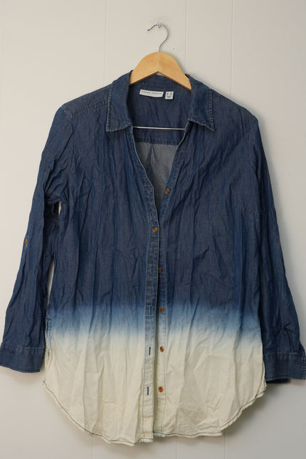 Susan Graver Button Front Shirt Womens Medium Petite Blue Ombre Dip Dye Roll Tab