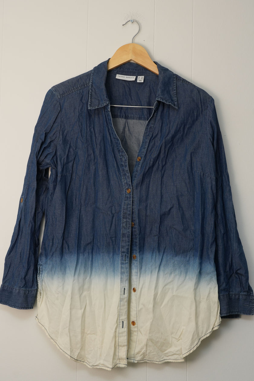 Susan Graver Button Front Shirt Womens Medium Petite Blue Ombre Dip Dye Roll Tab