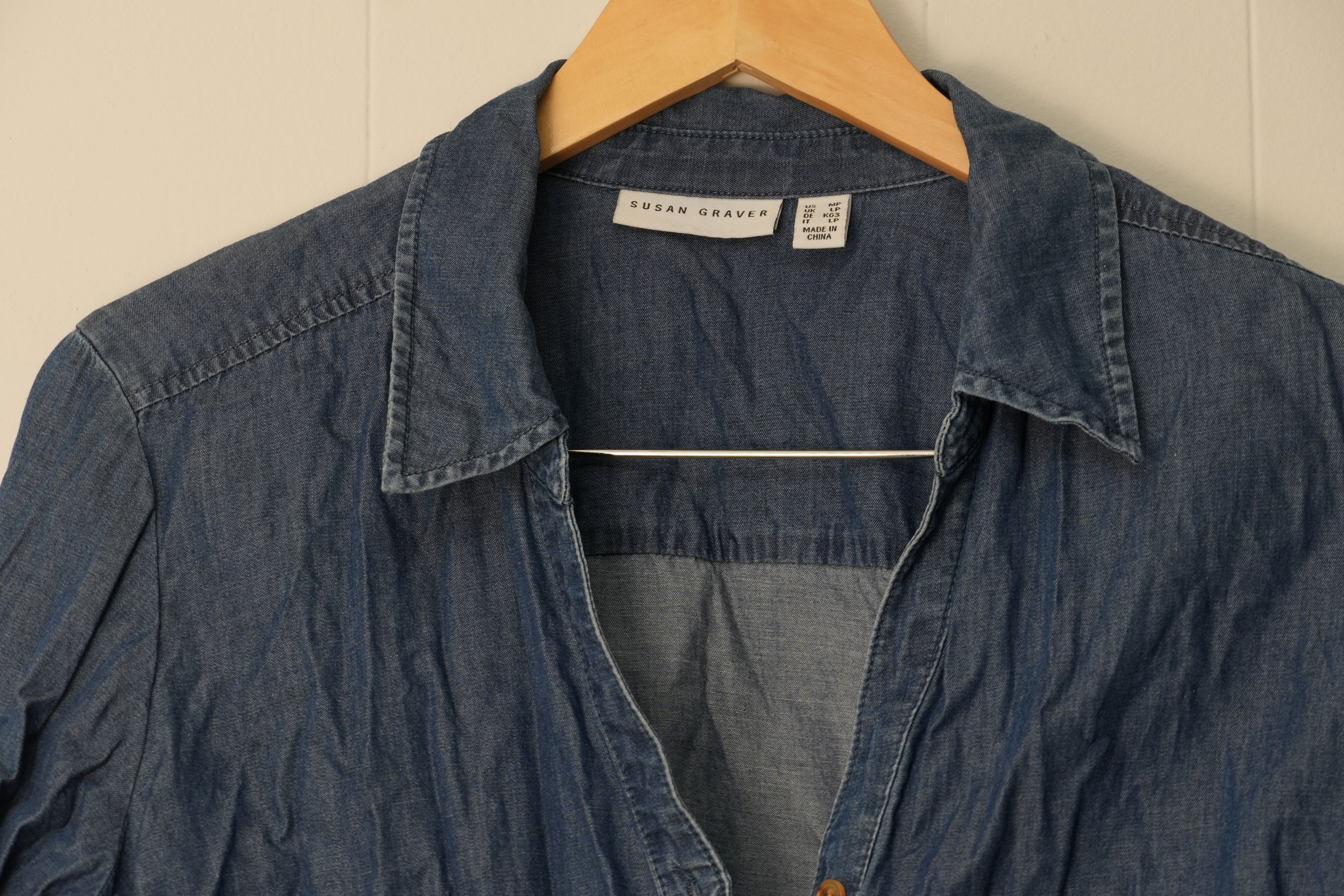 Susan Graver Button Front Shirt Womens Medium Petite Blue Ombre Dip Dye Roll Tab