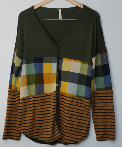 Cardigan Women Large Green Plaid Striped Mixed Media Colorblock Button Up