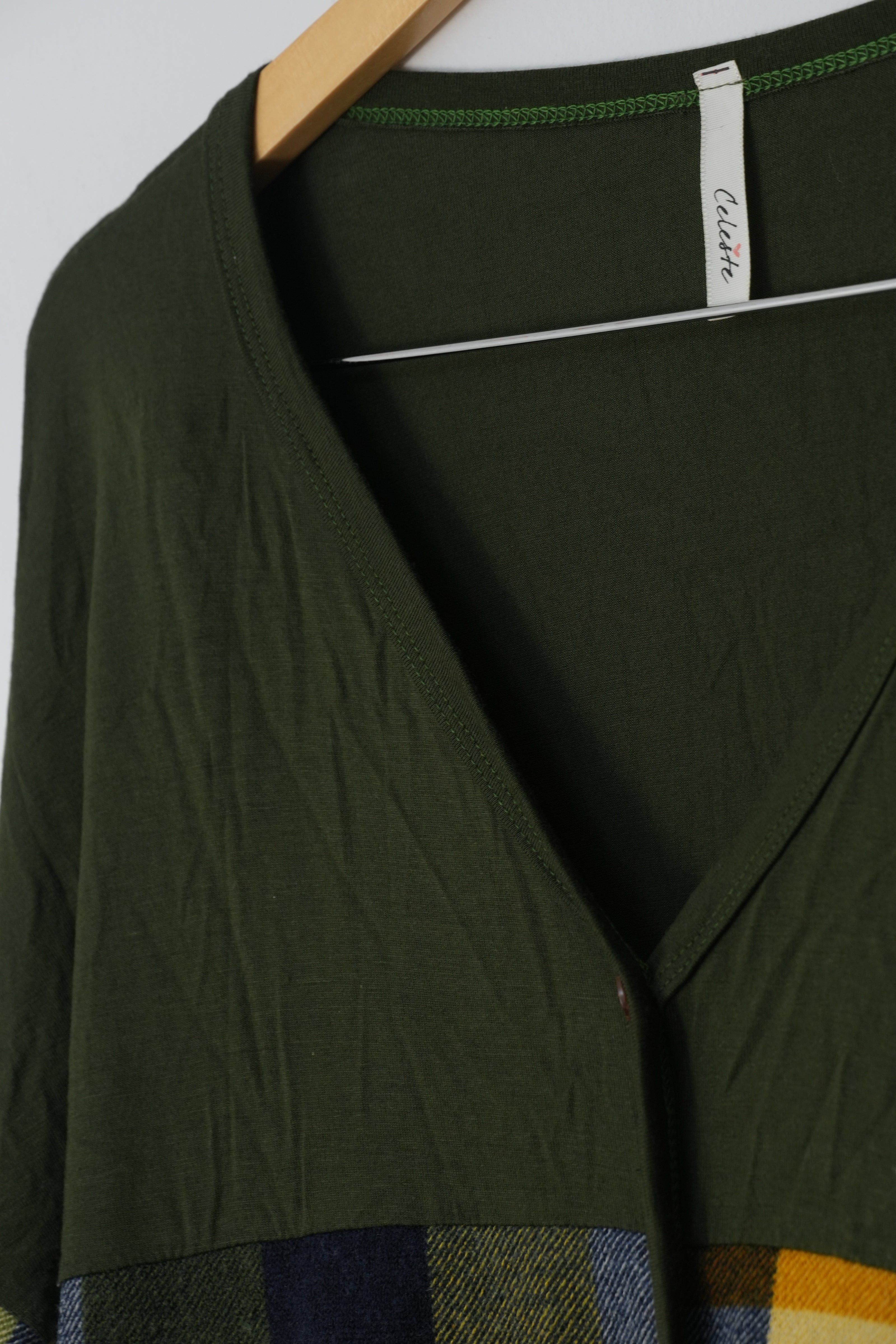 Cardigan Women Large Green Plaid Striped Mixed Media Colorblock Button Up