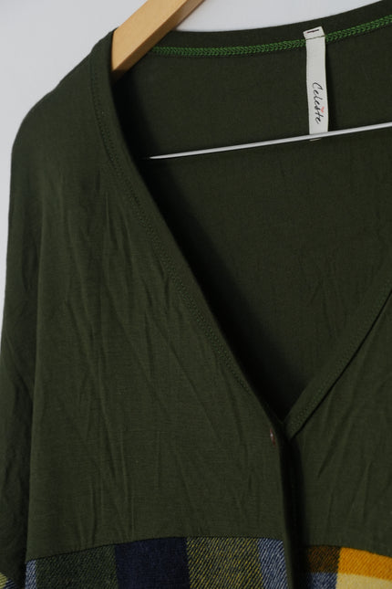 Cardigan Women Large Green Plaid Striped Mixed Media Colorblock Button Up