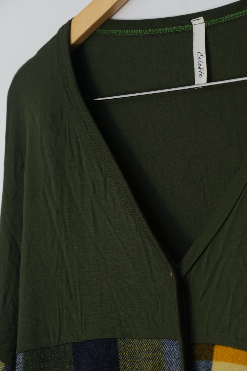 Cardigan Women Large Green Plaid Striped Mixed Media Colorblock Button Up