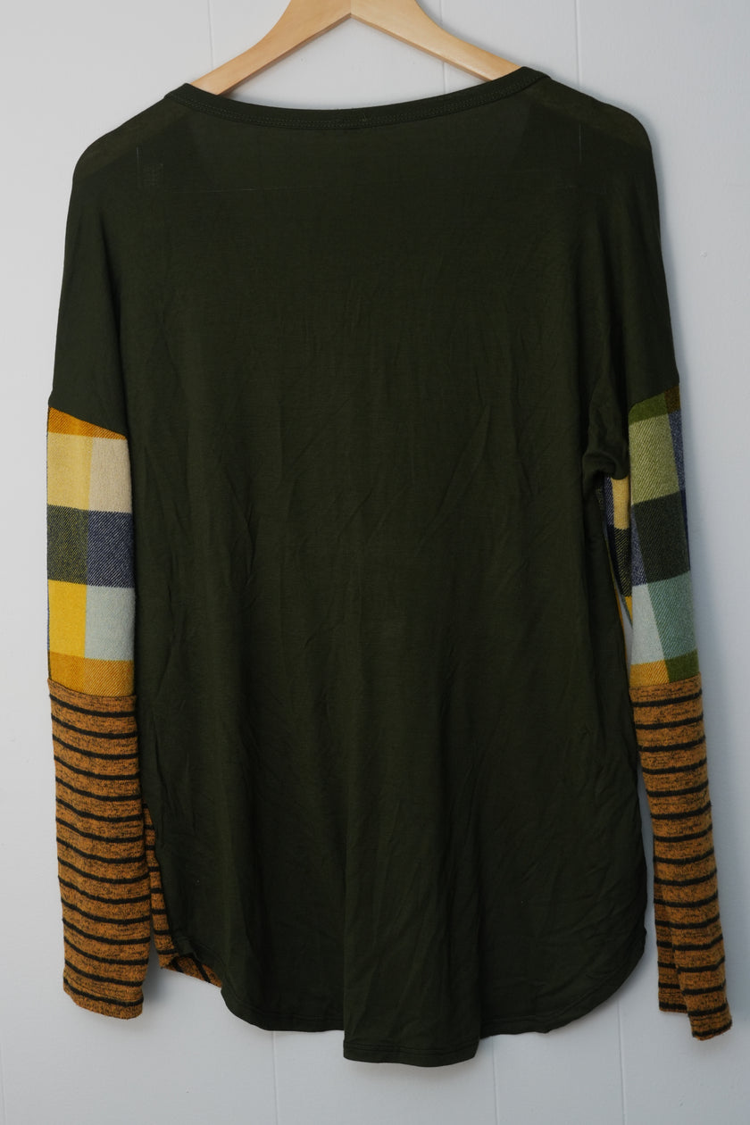 Cardigan Women Large Green Plaid Striped Mixed Media Colorblock Button Up