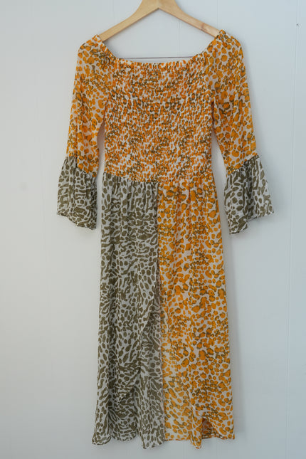 Cato Mixed Leopard Print Midi Dress Women Small Orange Olive Smocked Bell Sleeve