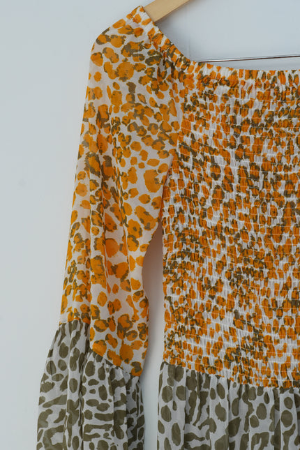 Cato Mixed Leopard Print Midi Dress Women Small Orange Olive Smocked Bell Sleeve