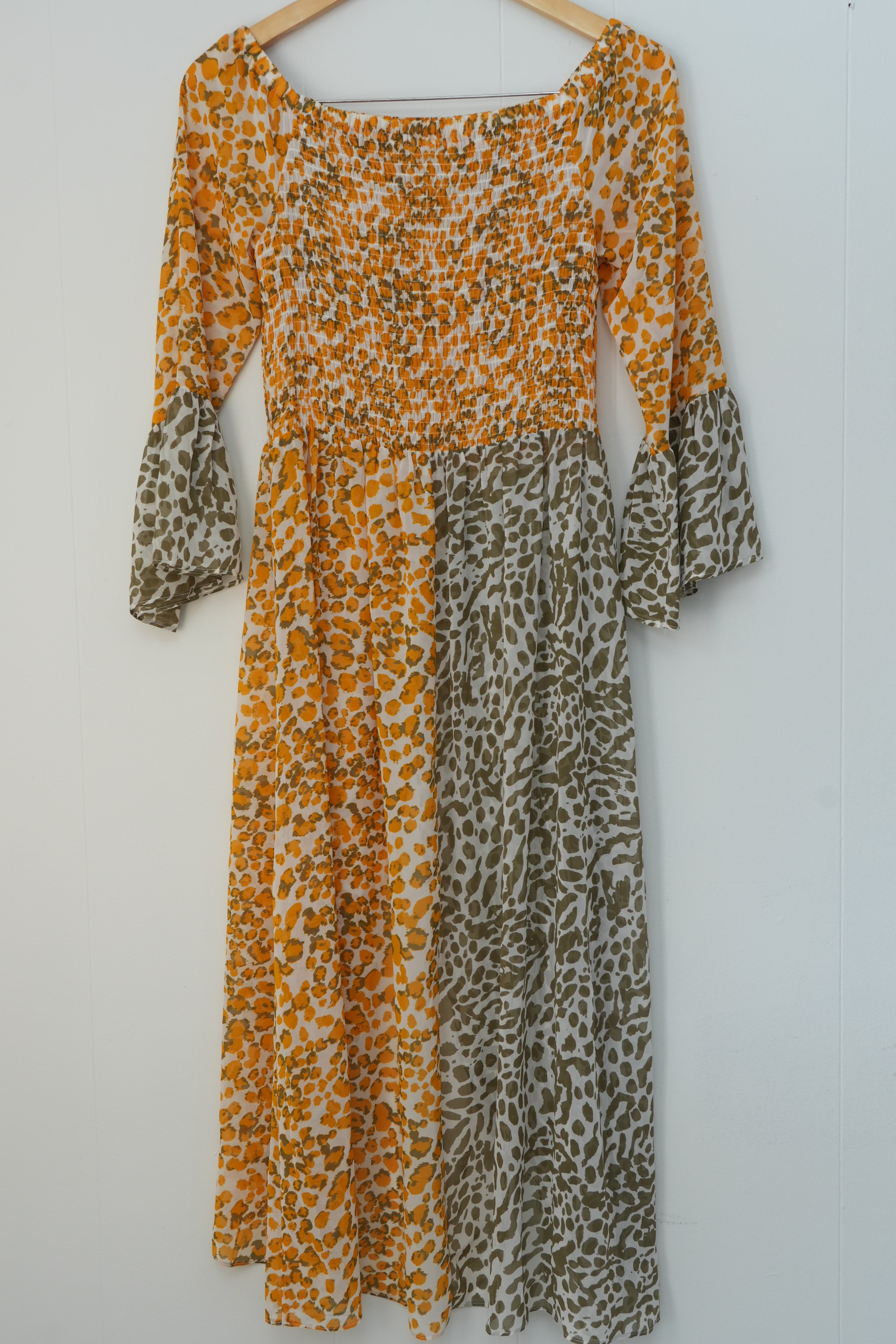 Cato Mixed Leopard Print Midi Dress Women Small Orange Olive Smocked Bell Sleeve
