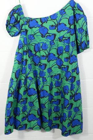 Avara Hudson Dress Womens Large Green Blue Floral One Shoulder Puff Sleeve Mini