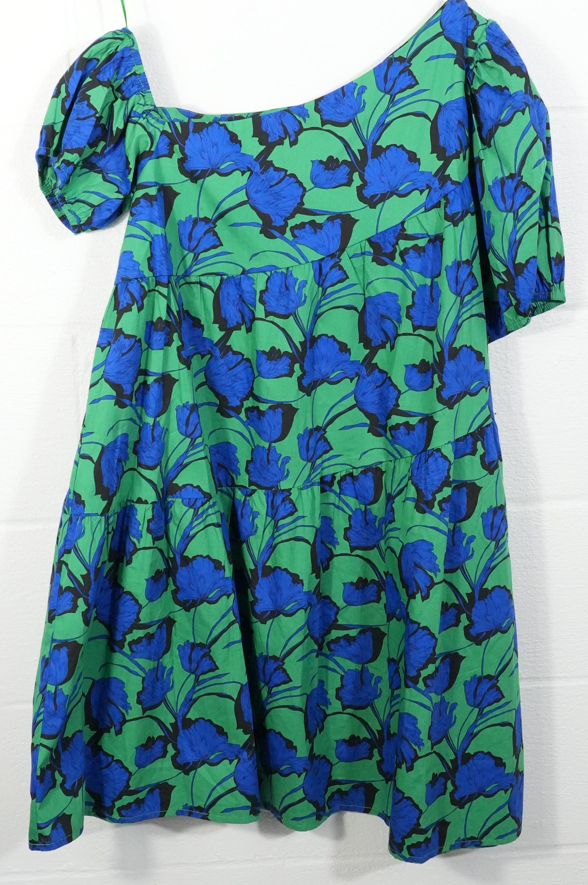 Avara Hudson Dress Womens Large Green Blue Floral One Shoulder Puff Sleeve Mini