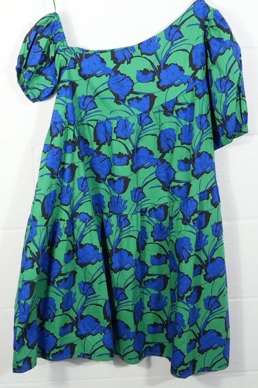 Avara Hudson Dress Womens Large Green Blue Floral One Shoulder Puff Sleeve Mini