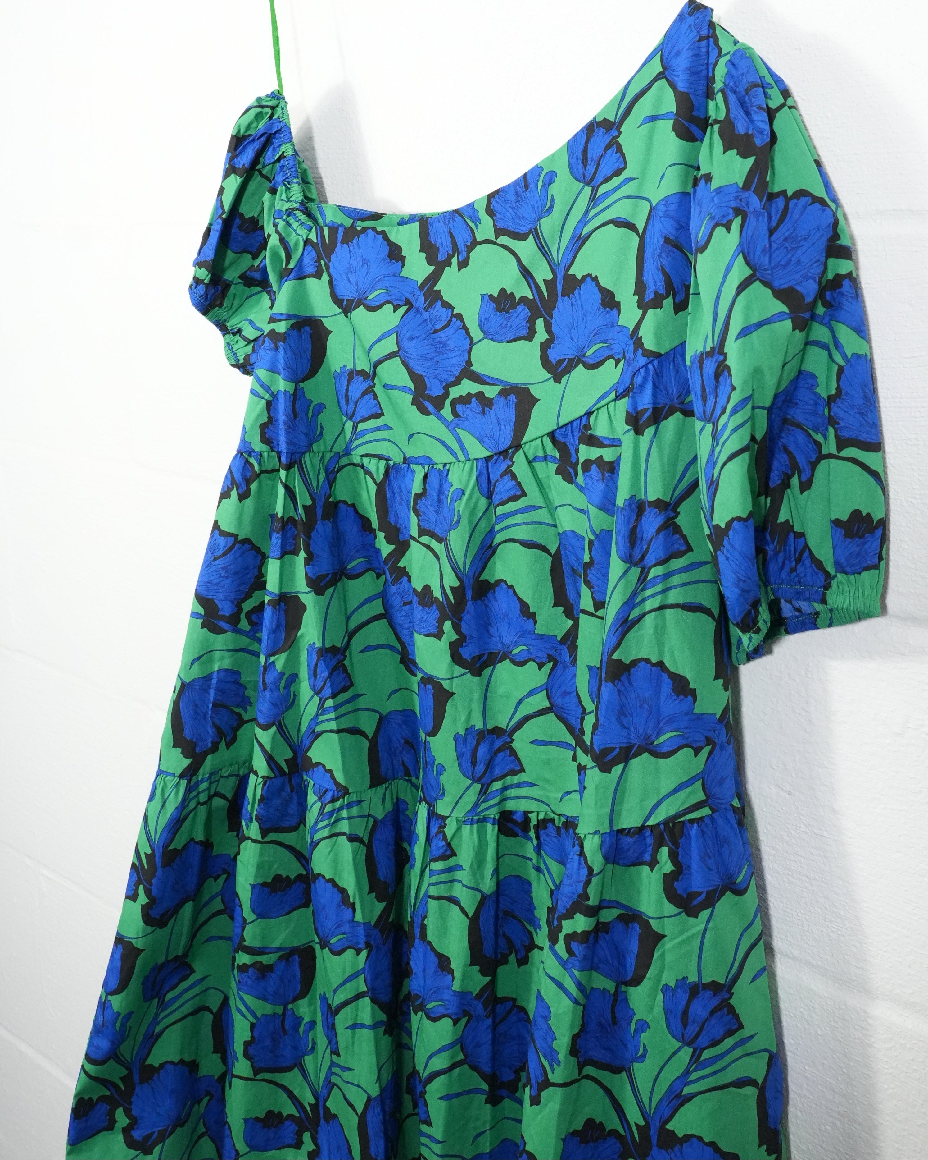 Avara Hudson Dress Womens Large Green Blue Floral One Shoulder Puff Sleeve Mini