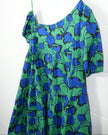 Avara Hudson Dress Womens Large Green Blue Floral One Shoulder Puff Sleeve Mini