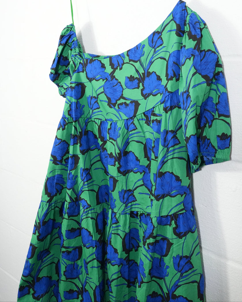 Avara Hudson Dress Womens Large Green Blue Floral One Shoulder Puff Sleeve Mini