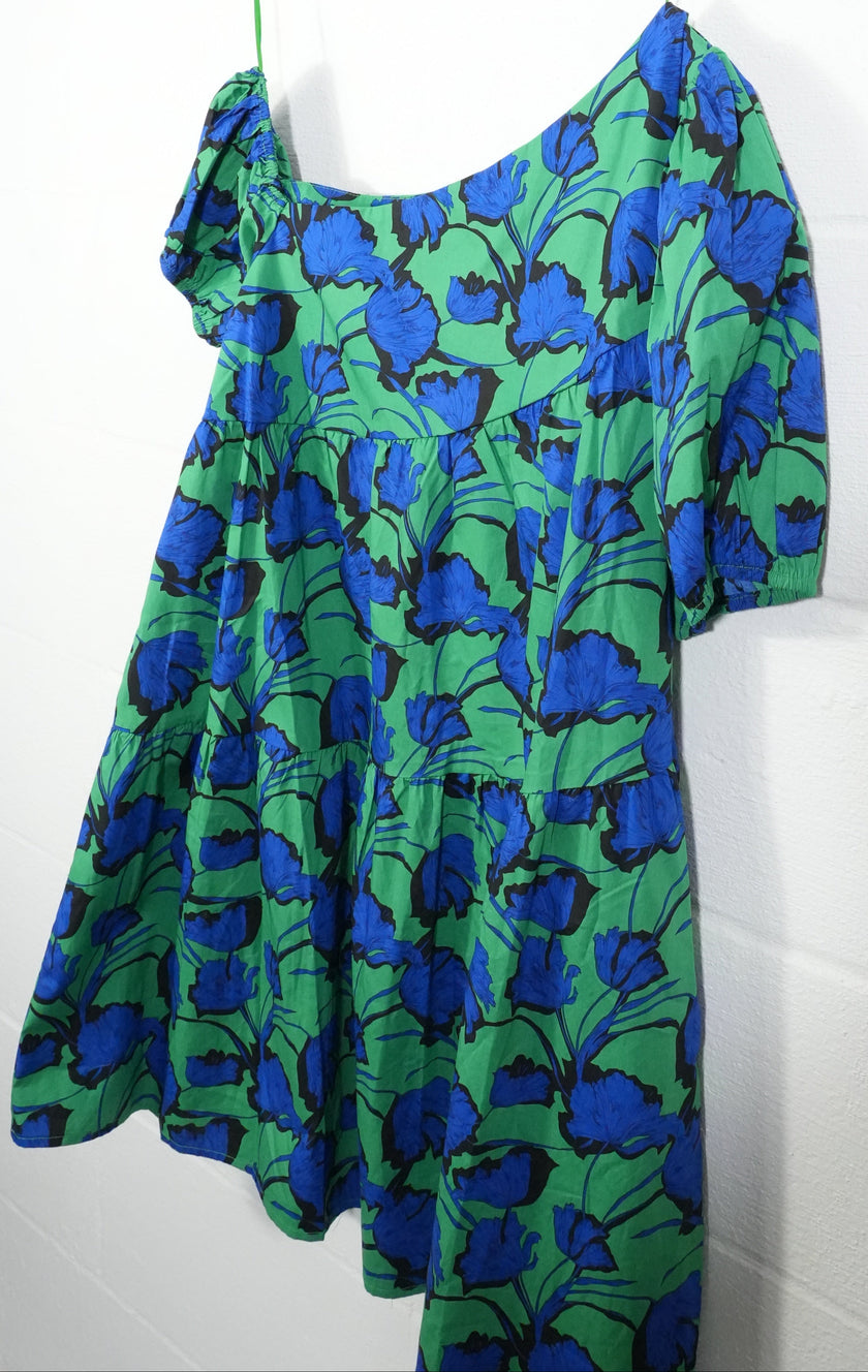 Avara Hudson Dress Womens Large Green Blue Floral One Shoulder Puff Sleeve Mini