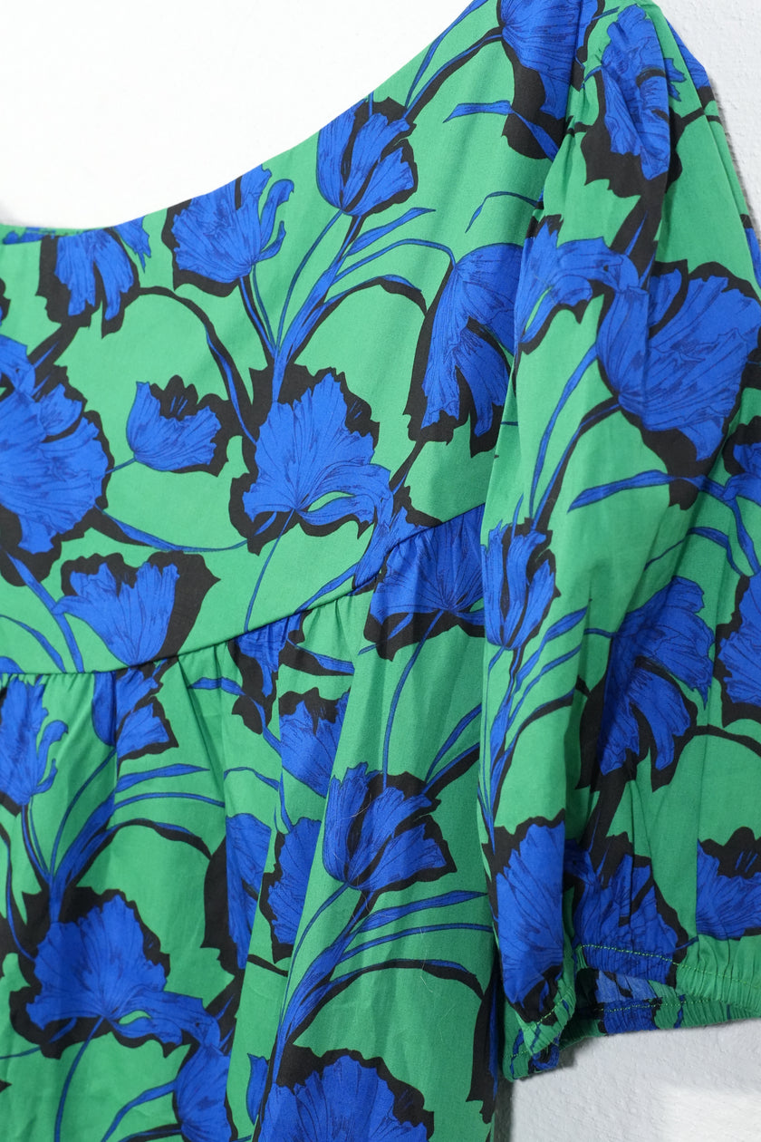 Avara Hudson Dress Womens Large Green Blue Floral One Shoulder Puff Sleeve Mini