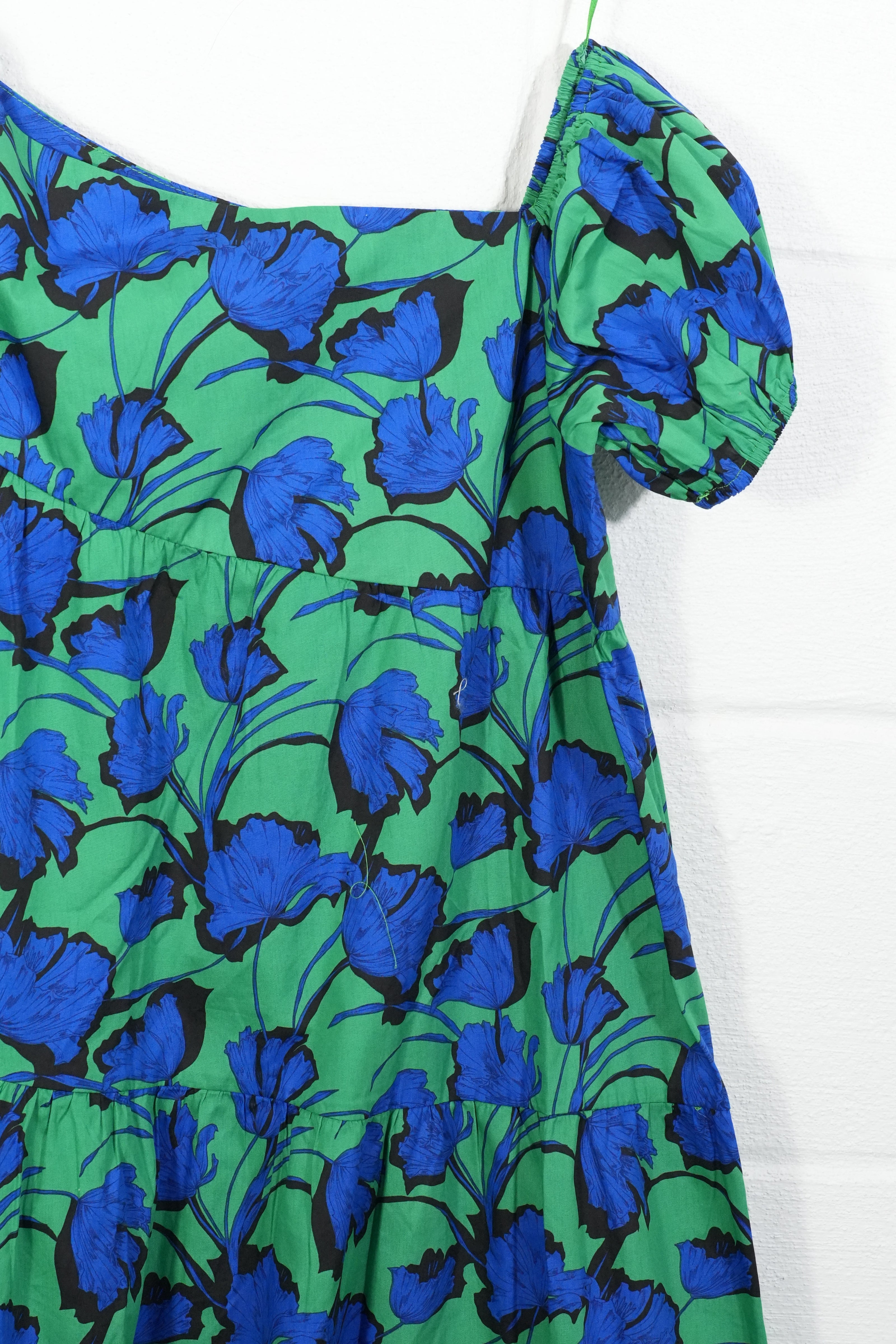 Avara Hudson Dress Womens Large Green Blue Floral One Shoulder Puff Sleeve Mini