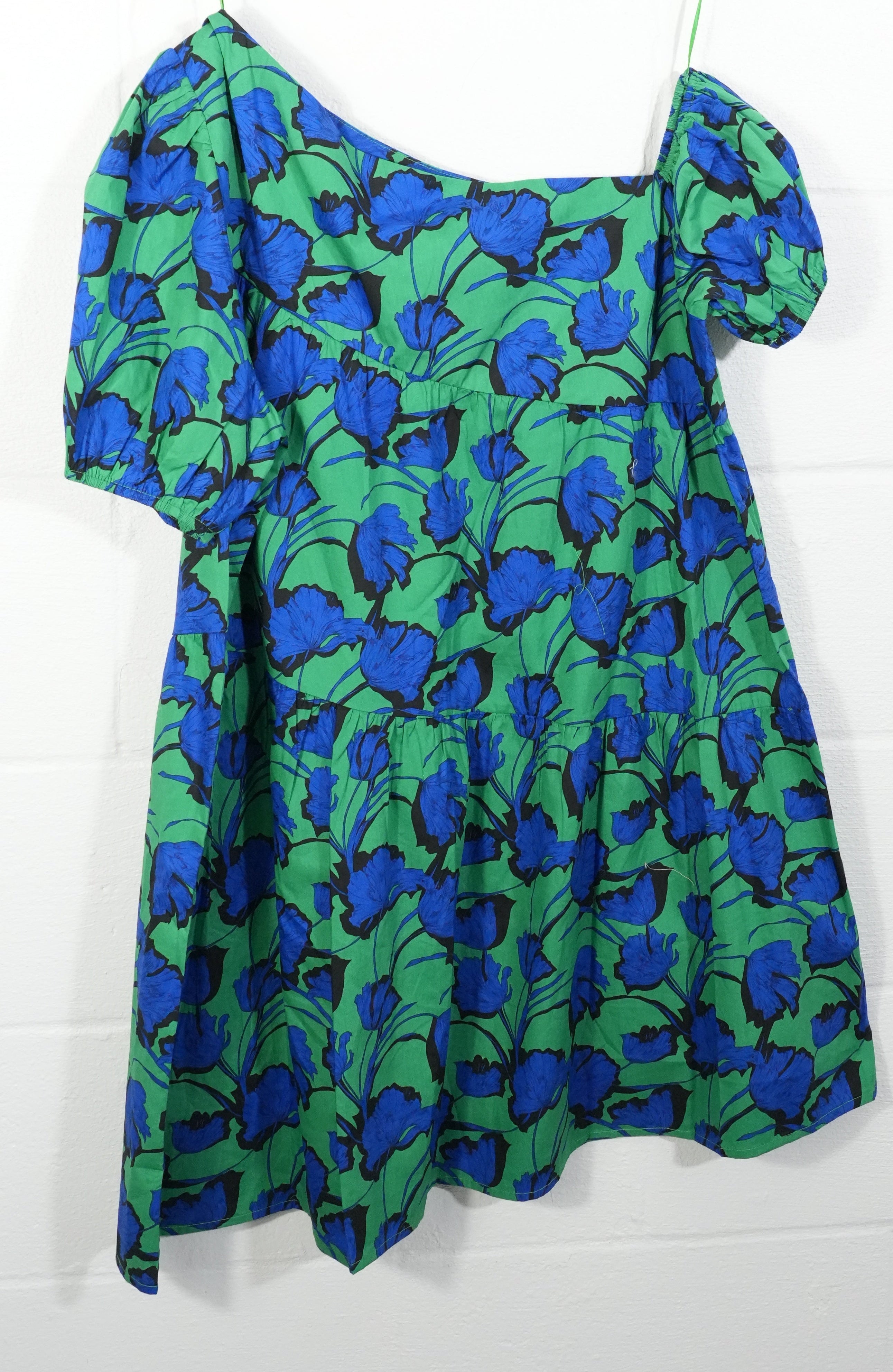 Avara Hudson Dress Womens Large Green Blue Floral One Shoulder Puff Sleeve Mini