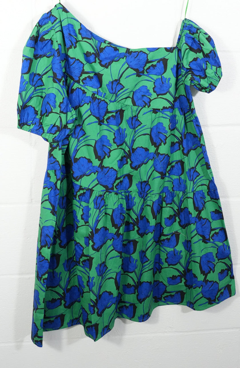 Avara Hudson Dress Womens Large Green Blue Floral One Shoulder Puff Sleeve Mini