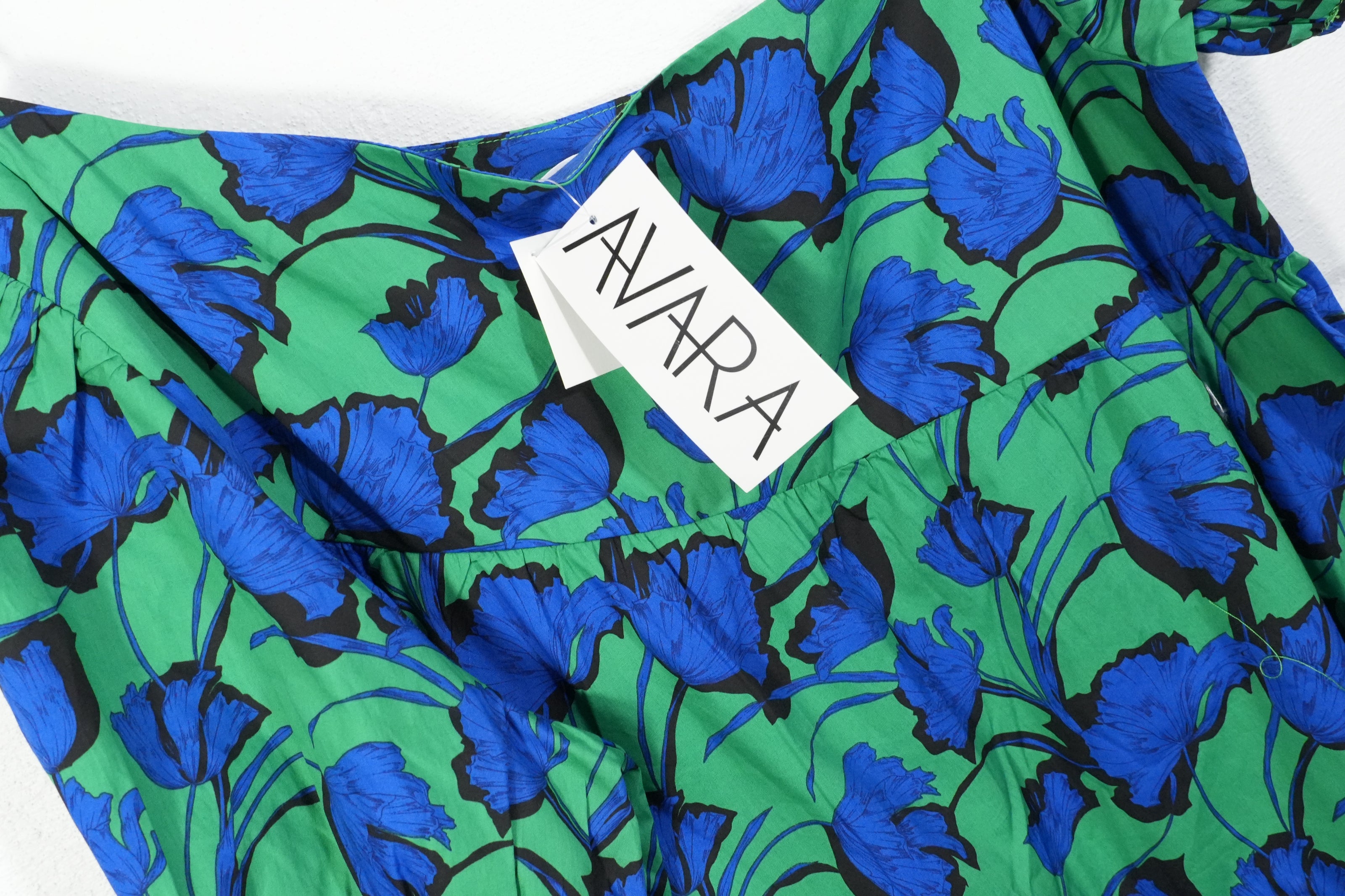 Avara Hudson Dress Womens Large Green Blue Floral One Shoulder Puff Sleeve Mini