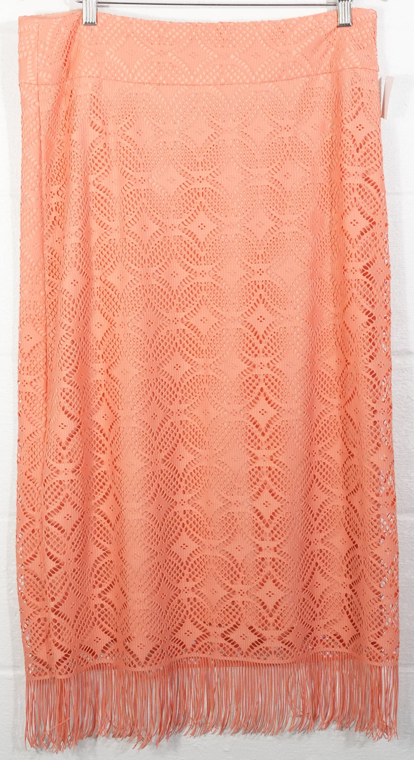 Cato Crochet Lace Midi Skirt Women Size 14 Coral Peach Fringe Hem Boho