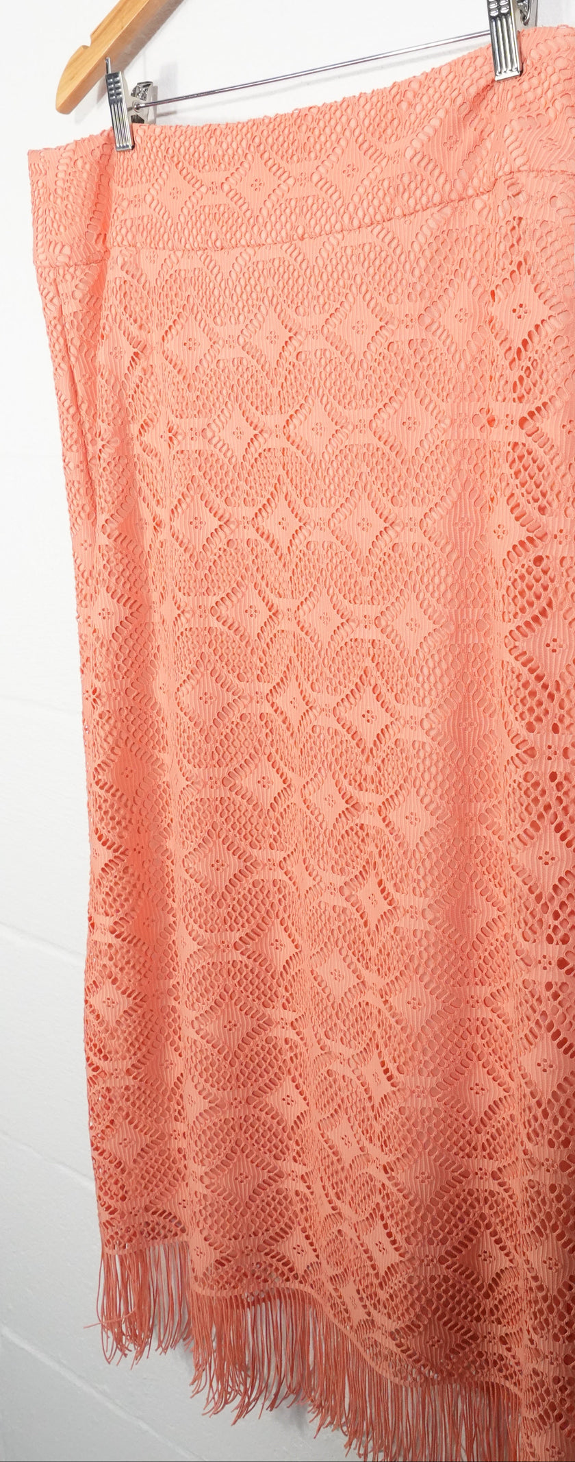 Cato Crochet Lace Midi Skirt Women Size 14 Coral Peach Fringe Hem Boho