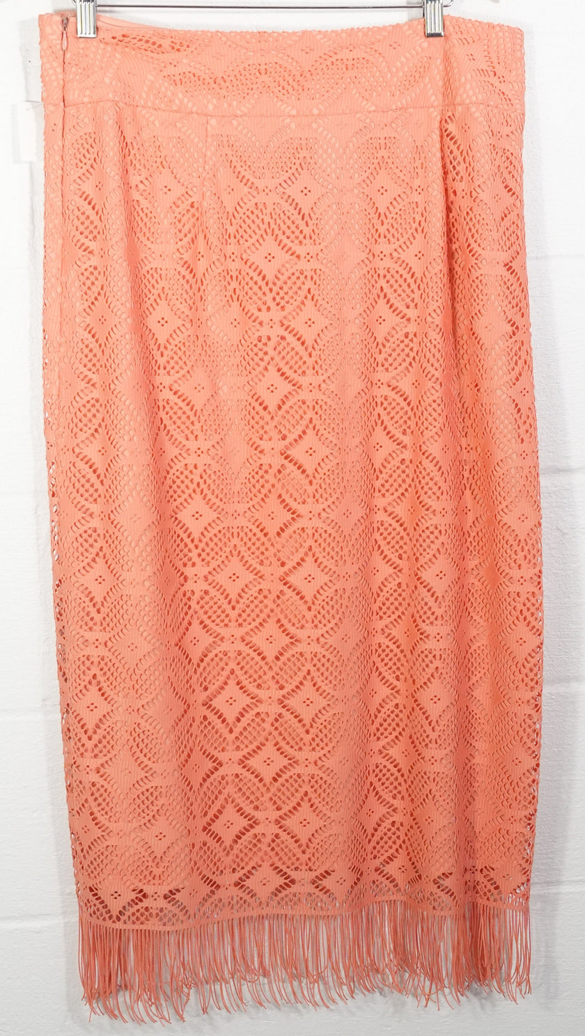 Cato Crochet Lace Midi Skirt Women Size 14 Coral Peach Fringe Hem Boho
