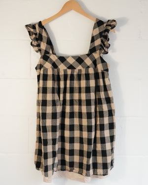 Entro Babydoll Top Women Large Tan Black Gingham Ruffle Sleeve Smocked Back