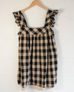 Entro Babydoll Top Women Large Tan Black Gingham Ruffle Sleeve Smocked Back