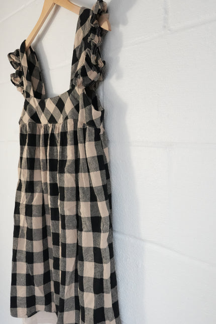 Entro Babydoll Top Women Large Tan Black Gingham Ruffle Sleeve Smocked Back