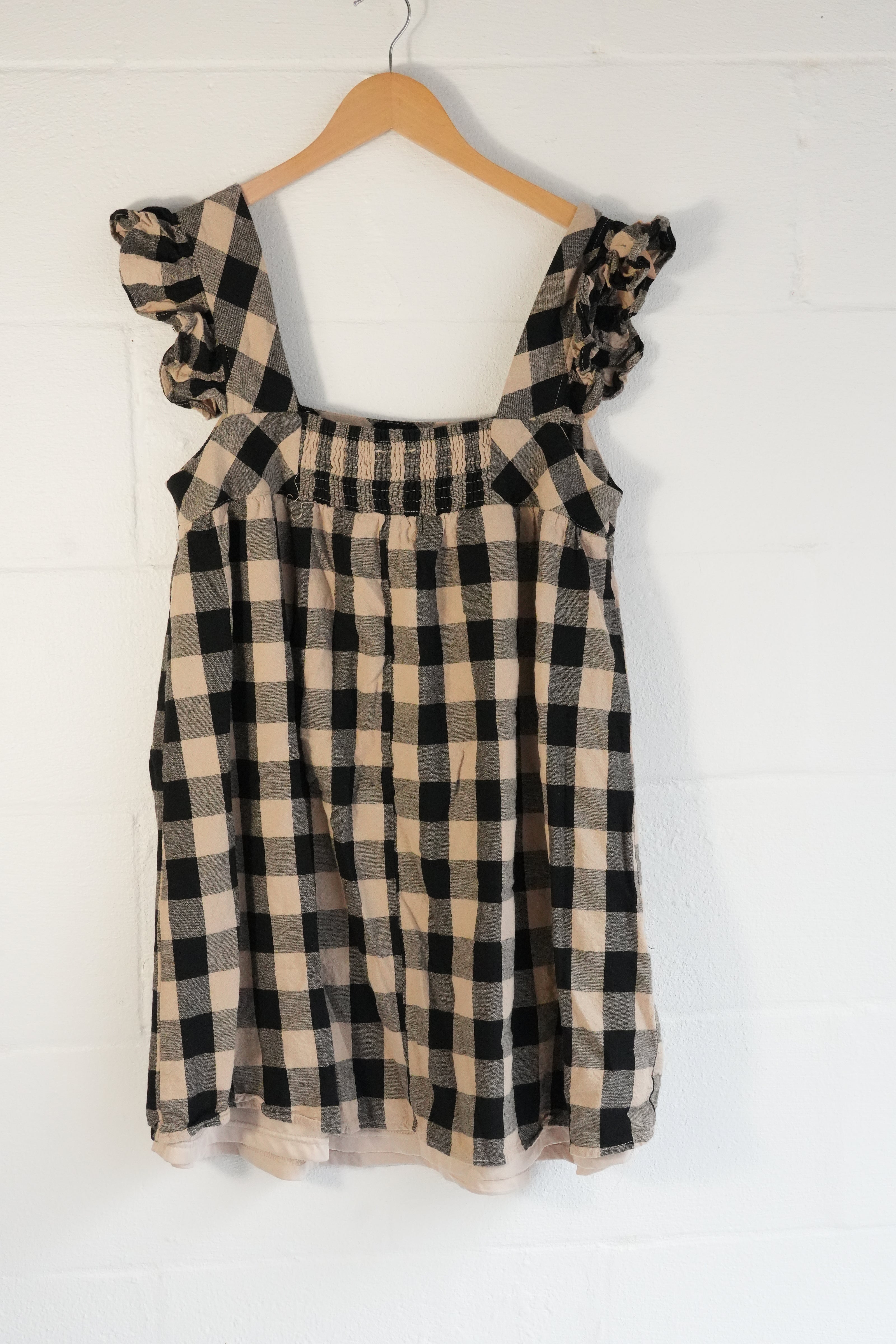 Entro Babydoll Top Women Large Tan Black Gingham Ruffle Sleeve Smocked Back