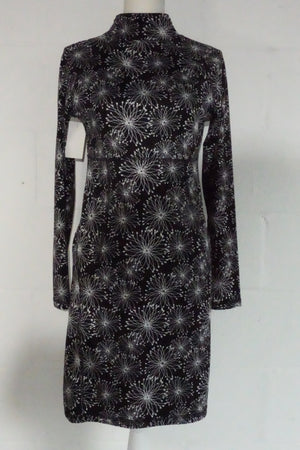 Soybu Dress Women Medium Black White Floral Print Mock Neck Long Sleeve Keyhole