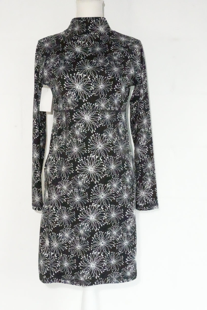 Soybu Dress Women Medium Black White Floral Print Mock Neck Long Sleeve Keyhole