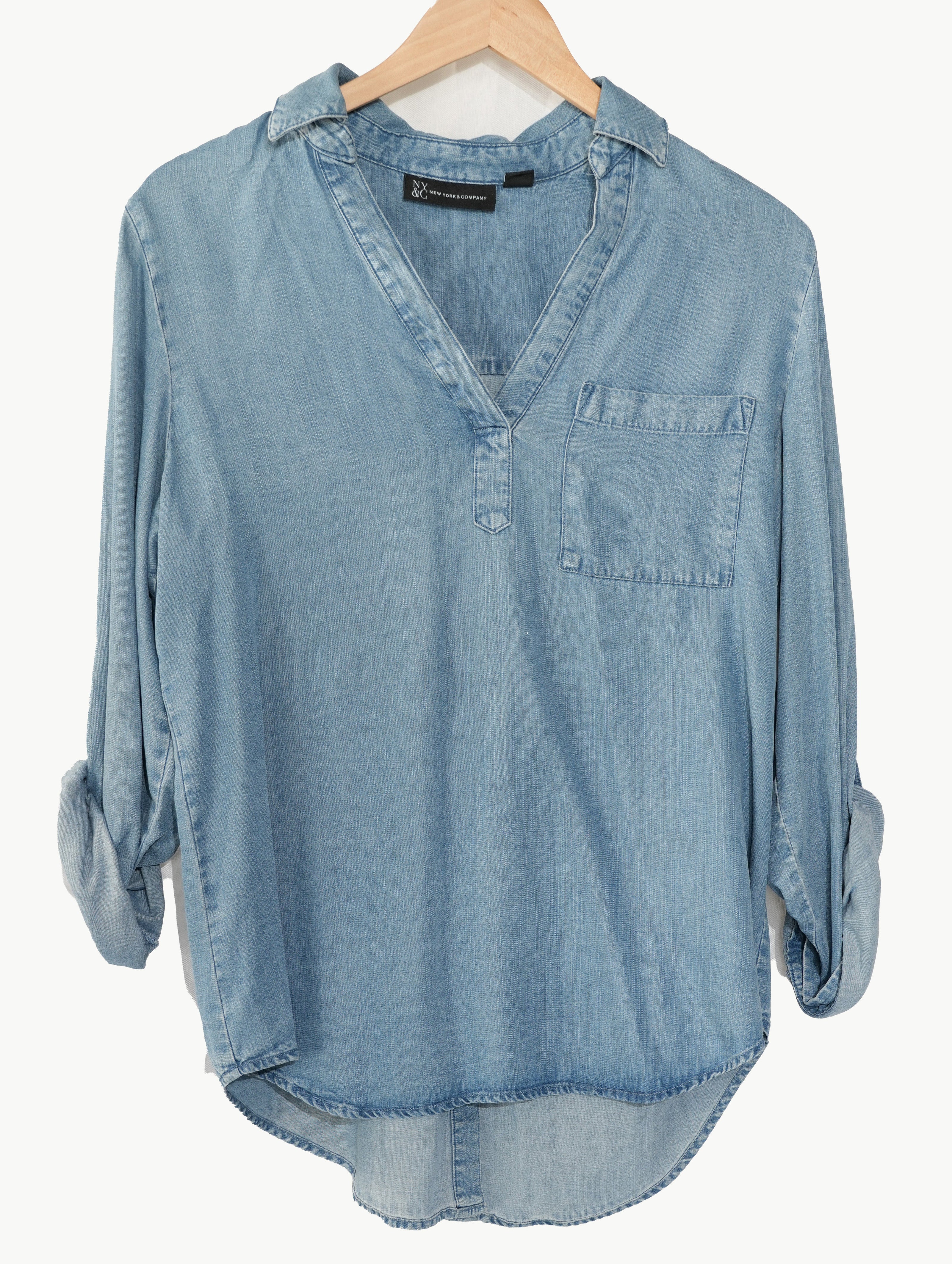 New York & Company Chambray Blouse Women Medium Light Blue Roll Tab Denim Top