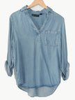 New York & Company Chambray Blouse Women Medium Light Blue Roll Tab Denim Top