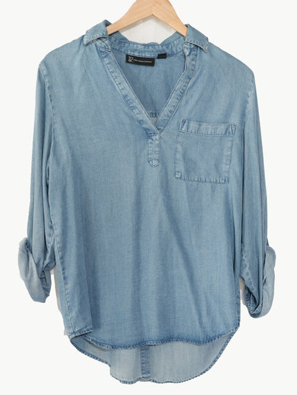 New York & Company Chambray Blouse Women Medium Light Blue Roll Tab Denim Top
