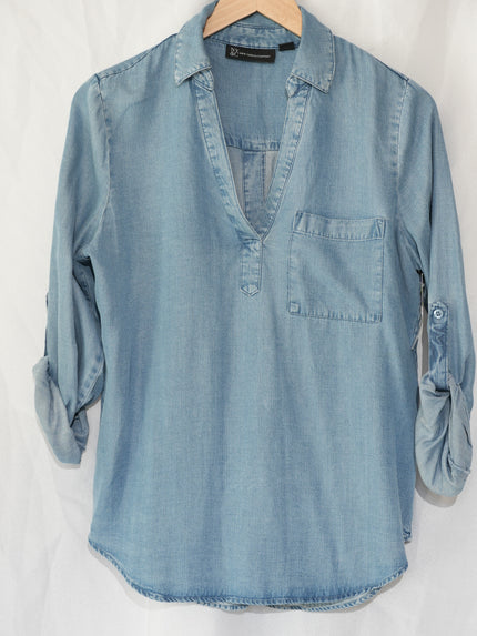 New York & Company Chambray Blouse Women Medium Light Blue Roll Tab Denim Top
