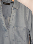 New York & Company Chambray Blouse Women Medium Light Blue Roll Tab Denim Top