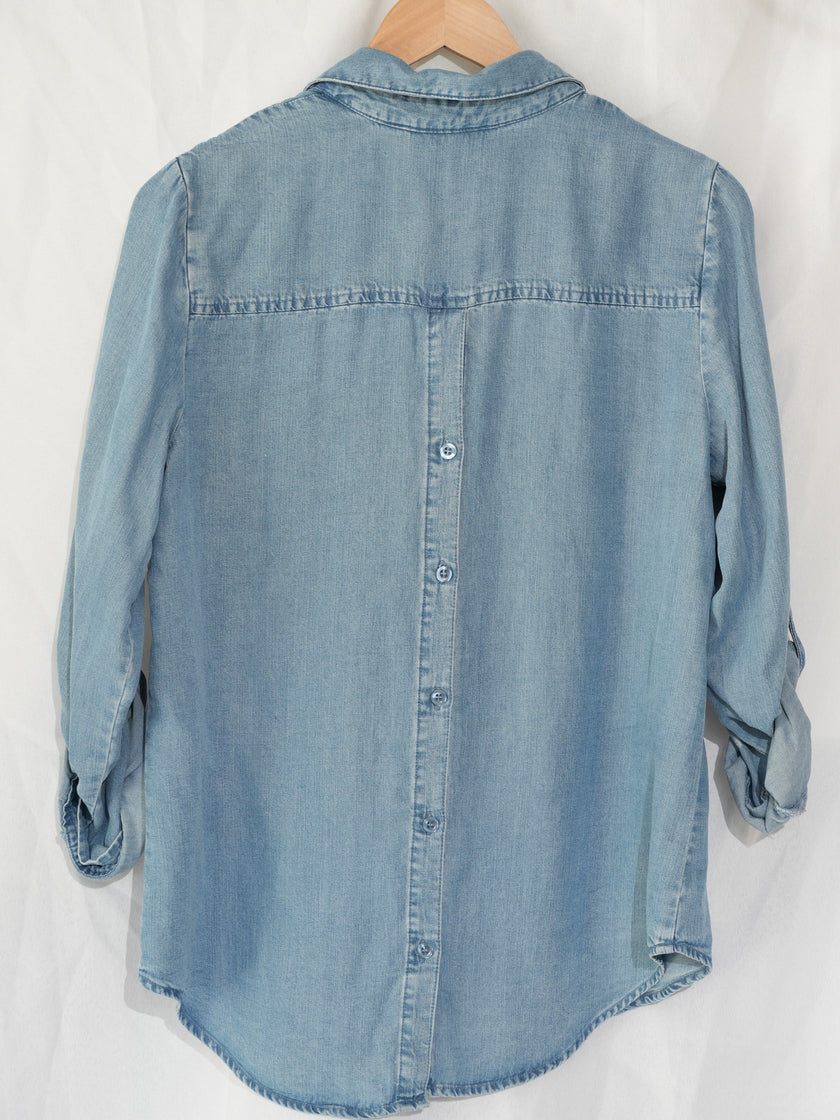 New York & Company Chambray Blouse Women Medium Light Blue Roll Tab Denim Top