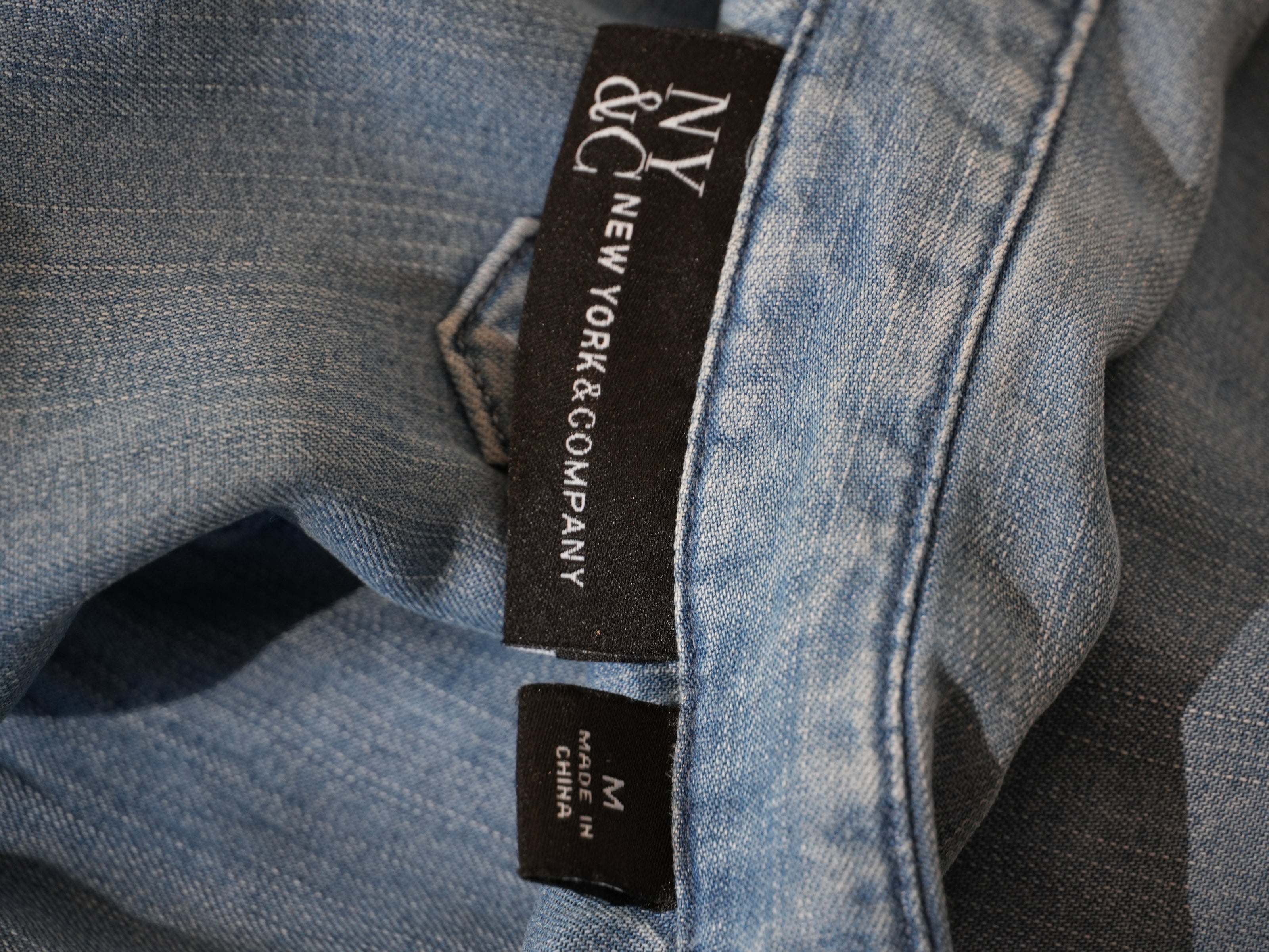 New York & Company Chambray Blouse Women Medium Light Blue Roll Tab Denim Top